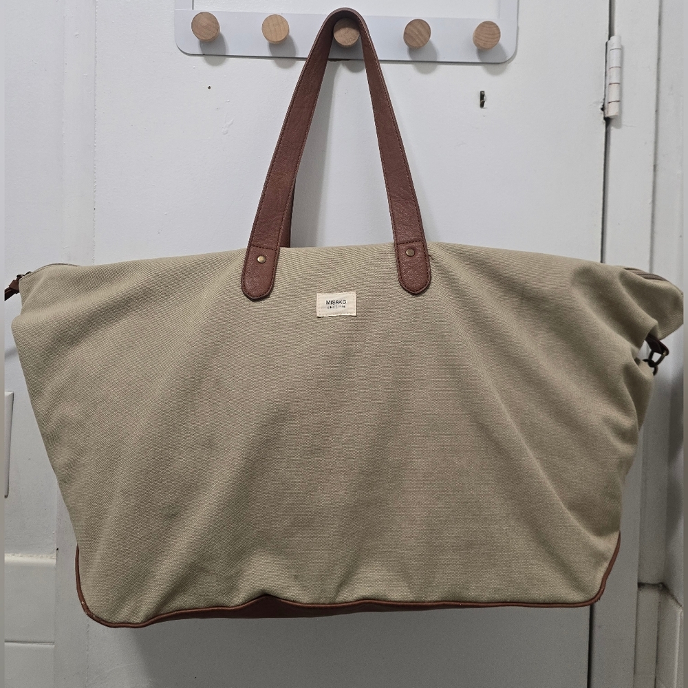 Cotton Canvas Oversized Weekender Travel Duffel with Brown Handles